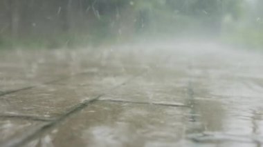 Kaldırıma düşen yağmur damlalarının yakın çekimi. Yağmurlu bir gün. Şiddetli yağmurlu kötü hava