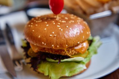 Lokantada beyaz tabakta servis edilen, yanında patates kızartması olan lezzetli tavuk burgerinin yakın çekimi. Fast food ve abur cubur kavramı