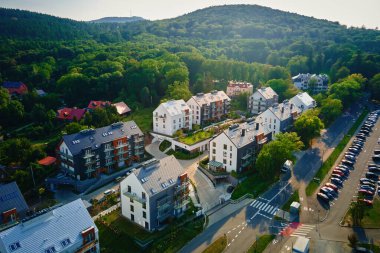 Etrafı yemyeşil ormanlarla çevrili evleri olan yerleşim alanının havadan görüntüsü. Çağdaş binaları ve park halindeki arabaları olan dağların yakınında modern çevre dostu bir mahalle.