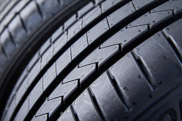 Detailed close up of tread pattern on new summer car tire