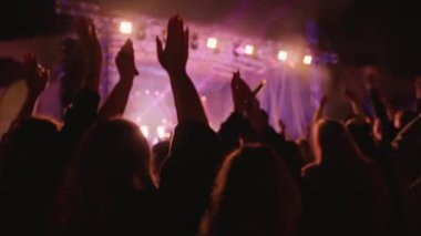 Canlı konser sahnesi, sahne ışıkları altında bando sahne alıyor. İnsanlar açık hava konserinde canlı müzik dinlemekten hoşlanıyorlar.