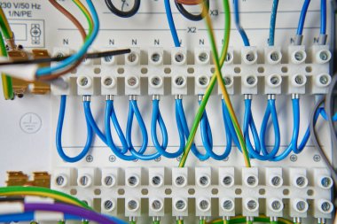 Dağıtım kutusundaki terminal bloğuna bağlı renkli kablolar ve bileşenler. Kablolama ve bağlantıları olan elektrik devre kartı