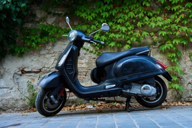 Yeşil sarmaşıkla kaplı eski tuğla duvara karşı parke taşlı caddede park etmiş siyah scooter. Klasik şehir ulaşımı