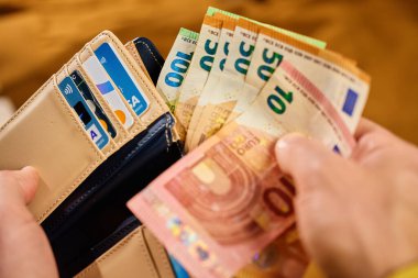 Avro banknotları ve ellerinde kredi kartları olan bir cüzdan. Çantayı tutan ve nakit para alan kişi. Kişisel finans, nakit ödemeler ve tasarruf kavramı