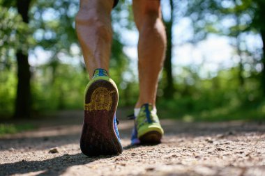 Güneşli orman yolunda yürüyen spor ayakkabıların alçak açılı görüntüsü. Güneşli bir günde parkta koşan erkek sporcuların yakın çekimi. Açık hava koşusu, fitness ve sağlıklı yaşam tarzı kavramı