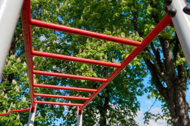 Parkta yeşil ağaçlı kırmızı açık hava maymun parmaklıkları. Spor egzersizleri için fitness sahası yatay merdiveni. Açık hava fitness, jimnastik eğitimi ve sağlıklı aktif yaşam tarzı kavramı