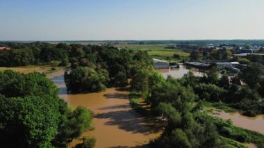 Suya batmış ağaçlar, evler ve sanayi bölgesinin havadan görünüşü. Doğal afet kavramı, altyapı hasarı, iklim etkisi ve aşırı hava koşulları