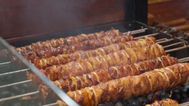 Sıcak kömür ızgarasında soğan pişirilmiş ızgara et şişleri. Sokak yemekleri, barbekü, geleneksel festival yemekleri ve açık hava yemekleri.