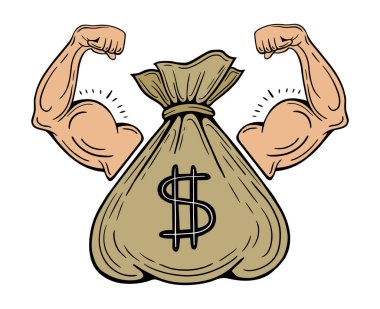 para gücü, para çantası güçlü kollar çizilmiş vektör illüstrasyonu