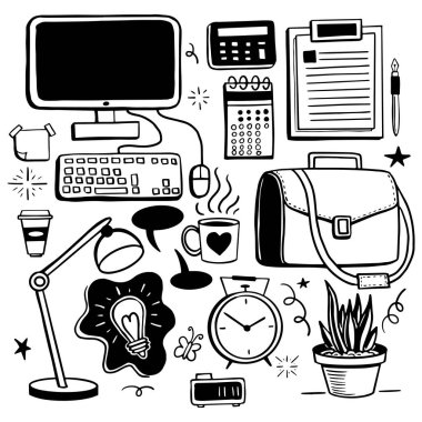 hand drawn office business icons set vector