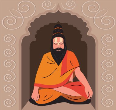 Sadhu tapınağın içinde meditasyon yapıyor.