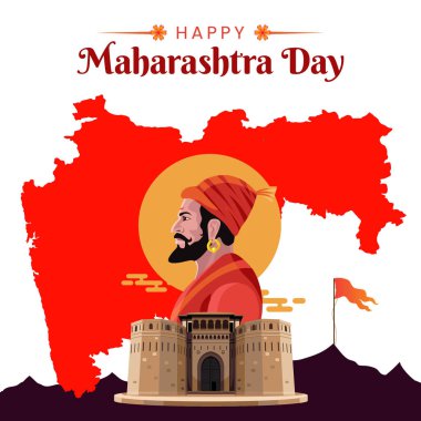 Maharshtra Day Celebration with Maharshtra Map and Shivaji Maharaj greeting card banner Vector illustration clipart