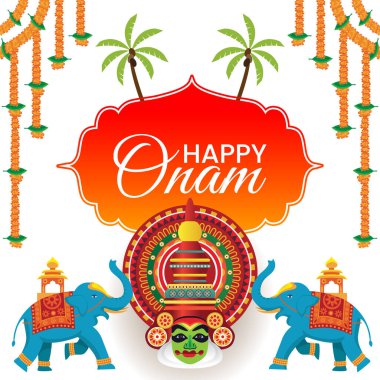 Kathakali maskeli, madalyalı filler ve hindistan cevizi ağaçlarının yer aldığı Onam Posteri