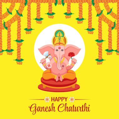 Ganesh Chaturthi Kutlama Bayrağı Lord Ganesha ve Marigold Çelenkleri ile