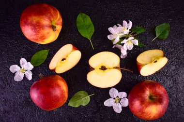 Siyah bir arka planda olgun kırmızı elmalar. Düz yatıyordu..