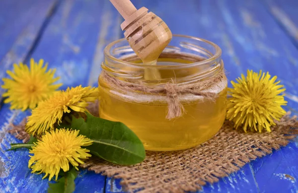 Fresh Honey Spring Dandelions Jar Blue Background Close — Stock Photo, Image