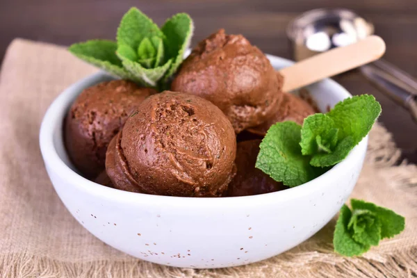 Chocolate Ice Cream Balls Mint Leaves Bowl Close — Stock Photo, Image