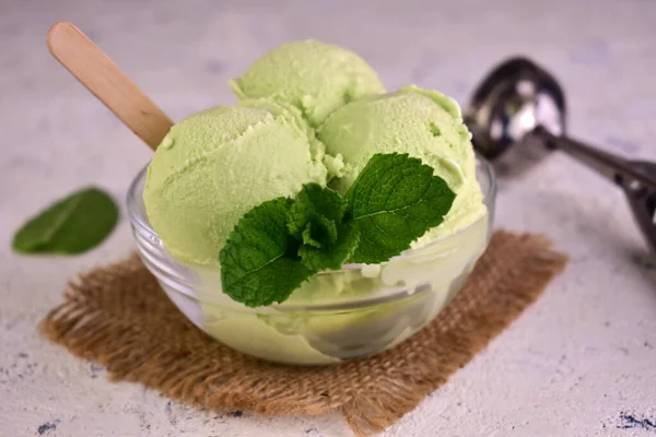 stock image  Mint ice cream balls in a glass bowl.Close-up.