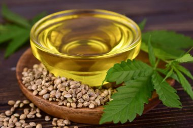 Sağlıklı kenevir yağı ve kenevir tohumları. Yakın plan..