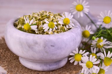 Kurumuş papatya çiçekleri tıbbi çay için havanda..