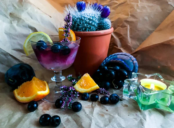 Blackberry Alcohol Drink Ice Cube Glass Surrounded Fruits Cactus Background — Stock Photo, Image