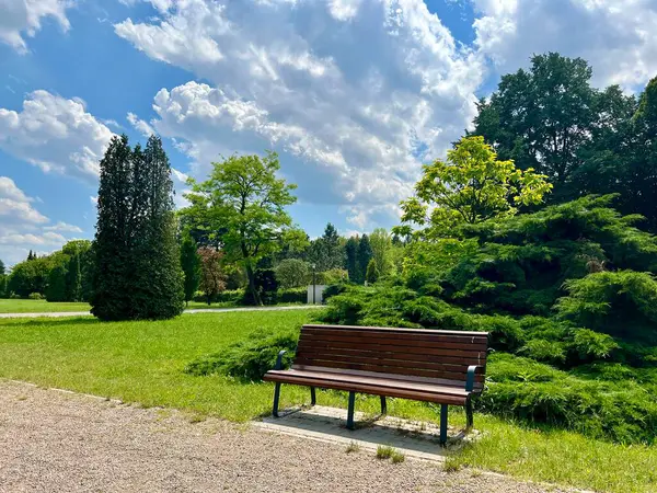 Polonya 'nın Chorzow kentindeki Silesian parkında bulutlarla dolu mavi gökyüzünün arka planındaki bankta.