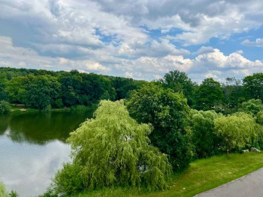 Bulutlu gökyüzünün altında gölün ve ağaçların olduğu güzel bir yaz manzarası.