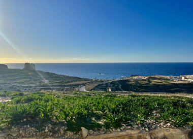 Malta 'nın Gozo adasının panoramik manzarası. Akdeniz 'in mavi suları.