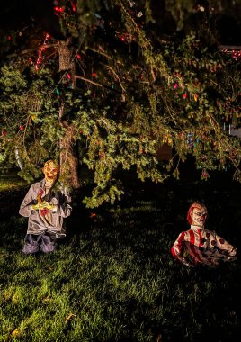 Geceleri bahçede çelenkler ve ışıklarla korkuluk. Cadılar Bayramı konsepti Seçici odak.