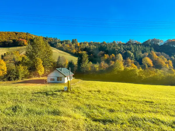 Çayırda ve ormanda küçük evi olan sonbahar dağ manzarası