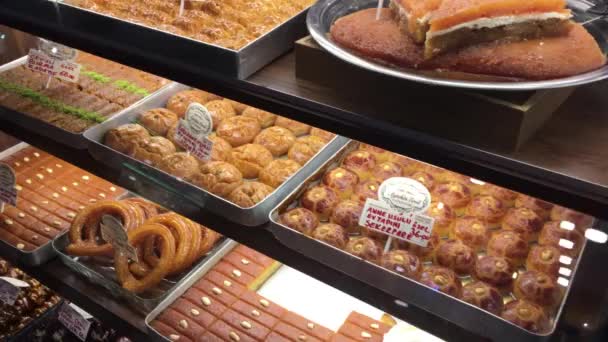 Slow Panning Shot Sweets Treat Glass Display Case Turkish Bakery — Stock Video