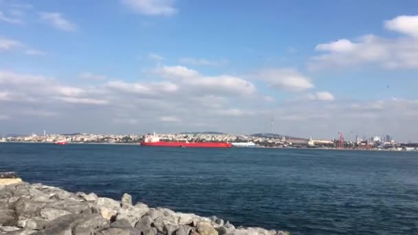 Duży Statek Transportowy Załadowany Kontenerami Płynącymi Portu Przez Złoty Róg — Wideo stockowe
