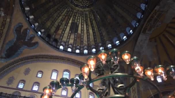 Panning Shot Looking Straight Ceiling Hagia Sophia Istanbul Turkey Chandeliers — Stock Video