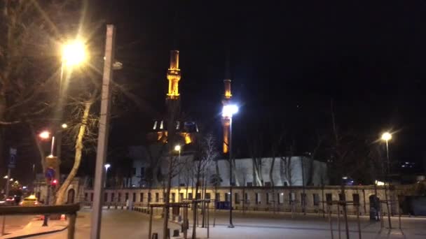 이스탄불 우스쿠다에서 미흐리마 모스크의 모스크는 어두운 하늘과 대조됩니다 Seagulls는 미나레트 — 비디오