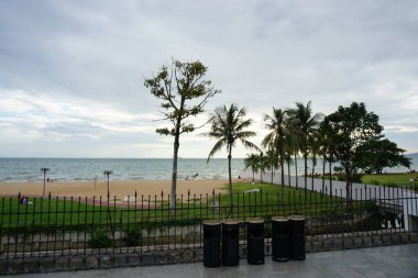 Palmiye ağaçları ve çitli plaj sahnesi. Kumsal boş ve gökyüzü bulutlu.