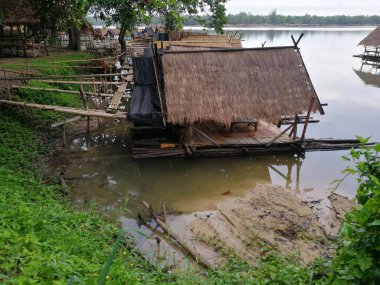 Küçük ev bir nehirde yüzüyor. Ev ahşaptan yapılmıştır ve sazdan bir çatısı vardır. Su bulanık ve ev ağaçlarla çevrili.