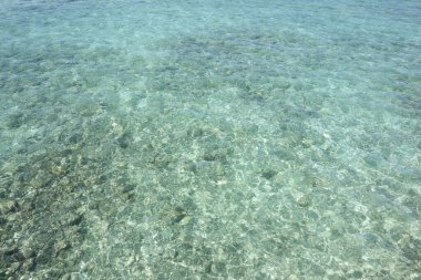 Su berrak ve sakin, görünür dalgalar ya da dalgalar yok. Gökyüzü mavi ve gökyüzünde hiç bulut yok.