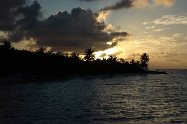 Gökyüzü karanlık ve bulutlu, ve güneş okyanusun üzerinde batıyor. Su sakin ve arka planda ağaçlar var.