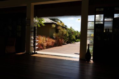 Büyük, açık bir kapı, yemyeşil bir bahçeye açılıyor. Kapı camdan yapılmıştır ve ahşap bir çerçeve ile çevrilidir. Bahçe çeşitli bitki ve ağaçlarla dolu. Huzurlu bir ortam yaratıyor.