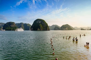 Ha Long Bay landscape with tourist boats and beautiful mountains. It has been recognized by Unesco as a World Natural Heritage many times. It located in Ha Long, Quang Ninh province, Vietnam.