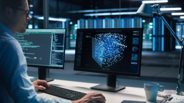 Ekran Çizelgesi, Grafiği, Infographic, Teknik Nöral Ağ Verisi, İstatistikler, Arayüzle Programlama Kodu ile Masaüstünde Bilgisayar Veri Mühendisi Çalışması. Kontrol ve İzleme Odası