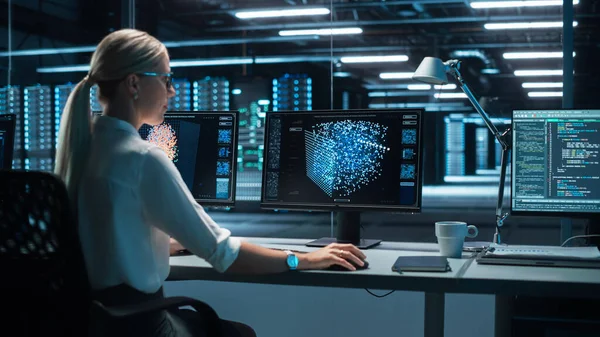 Blonde Woman Working on Her Computer with Display Shows Neural Network, Artificial Intelligence Simulation, Programming Language of Coding. Future Technologies