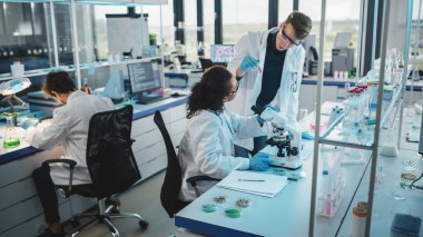Modern Tıp Laboratuvarı: Çeşitli Etnik Genç Bilim Adamları Test Örnekleri Analizi Ekibi. Gelişmiş Yüksek Teknoloji Ekipmanları, Mikrobiyoloji Araştırmacıları Tasarımı, Geliştirilmiş İlaçlar, Araştırma Yapan Laboratuvar