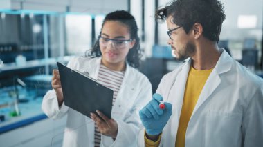 Tıbbi Bilimler Laboratuvarı: Proje Veri Analizi Yapan Yakışıklı Latin Erkek Bilim Adamı, Siyah Kadın İş Arkadaşı Pano 'daki Bilgileri Kontrol Ediyor. Genç Bilim Adamları Sorunları Çözüyor