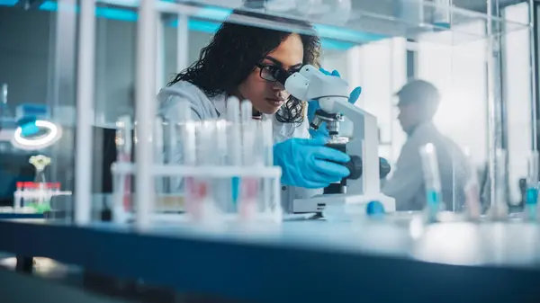 Tıp Bilimi Laboratuvarı Mikroskop Altında Bakan Güzel Siyah Bilim Adamının — Stok fotoğraf
