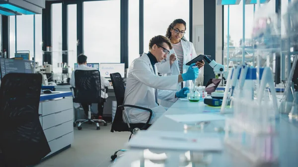 Modern Medical Research Laboratory: Shot of Two Young Scientists Using Pipette, Digital Tablet, Doing Sample Analysis, Talking. Diverse Team of Specialists work in Advanced Bio Technology Lab