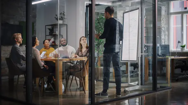 Proje Müdürü Ajans 'taki Toplantı Odası' nda Genç Yaratıcı Ekip için Sunum Yapıyor. Meslektaşlar Konferans Masasının Arkasında Oturur İş Geliştirme, Kullanıcı Arayüzü ve Tasarım.