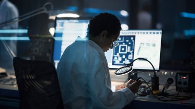 Modern Elektronik Araştırma, Geliştirme Tesisi: Kara Kadın Mühendis Bilgisayar Anakart Lehim Yapıyor. Bilim adamları PCB, Silikon Mikroçipler, Yarı iletkenler tasarlıyor. Arka Görünüm Görüntüsü