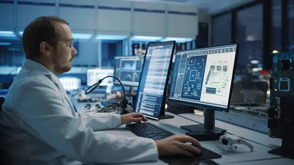 Modern Electronics Development Facility Engineer Works Computer Cad Software Team — Stock Photo, Image