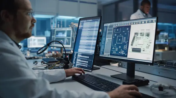 Modern Electronics Facility Scientist Engineer Works Computer Cad Software Does — Stock Photo, Image